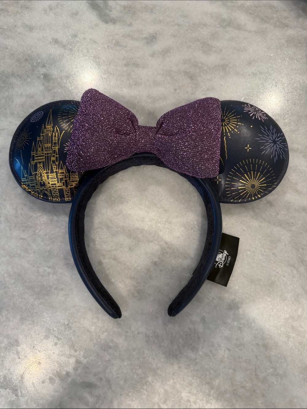 Disney Navy Minnie Ear Headband with Purple Glitter Bow